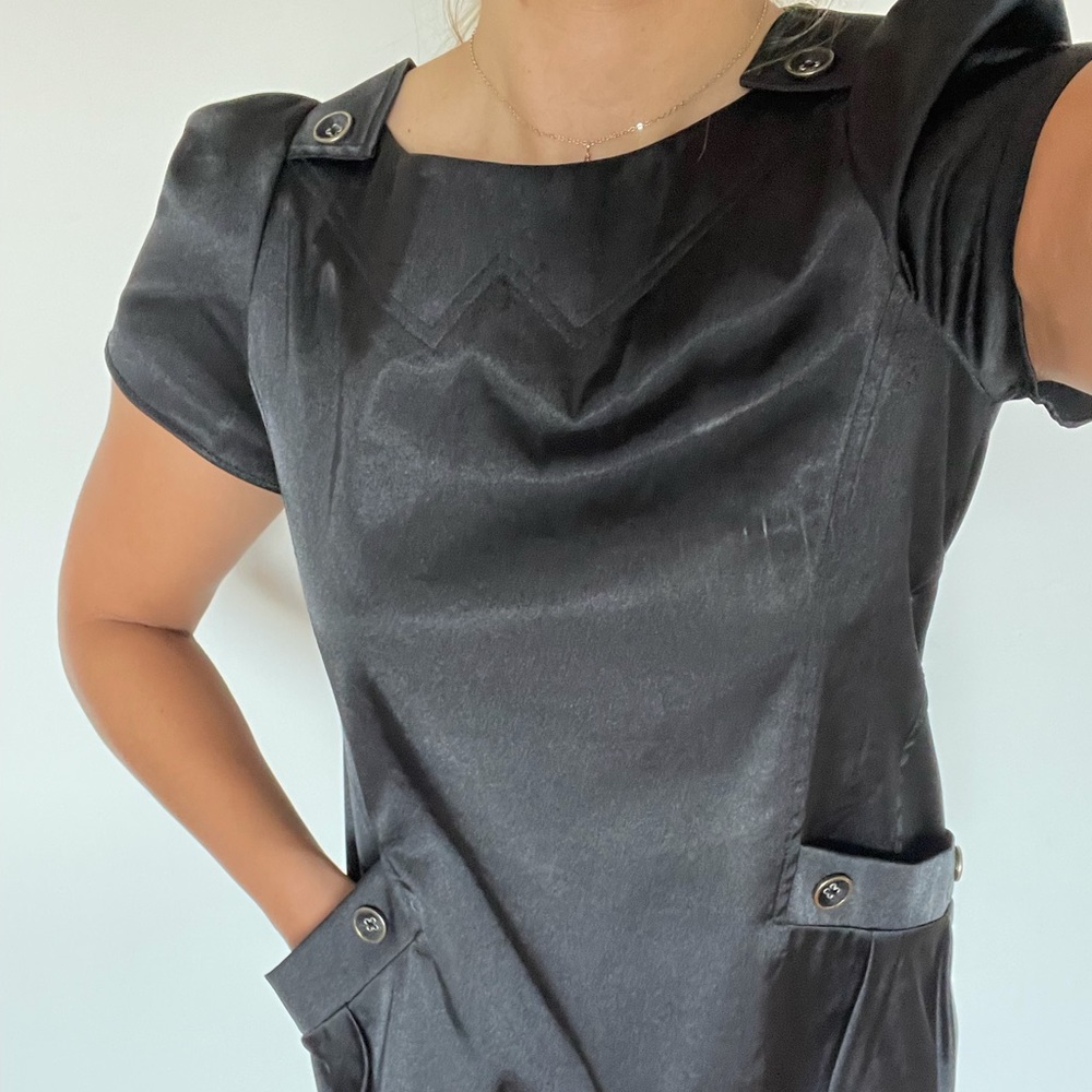 Black Satin Short Frock Dress with Buttons